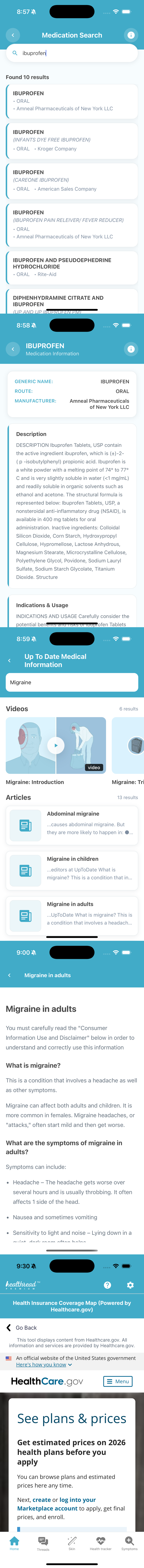 Five screens of Healthread reference: an FDA medication search returning ten results, the label itself with description and indications, an UpToDate topic search with reviewed videos and articles, one of those articles open, then the insurance coverage map on Healthcare.gov