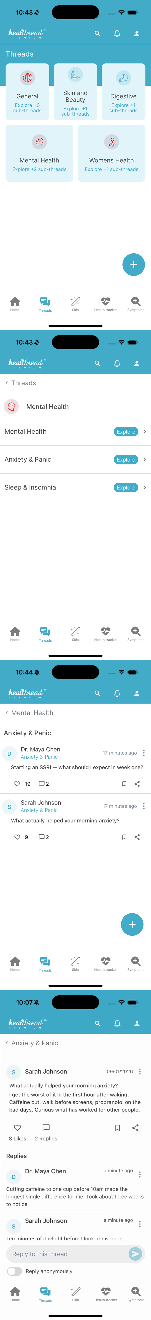 Four screens of Healthread threads: topics by condition, the subtopics under mental health, the threads inside Anxiety & Panic, then one thread with a clinician's reply and the anonymous reply toggle