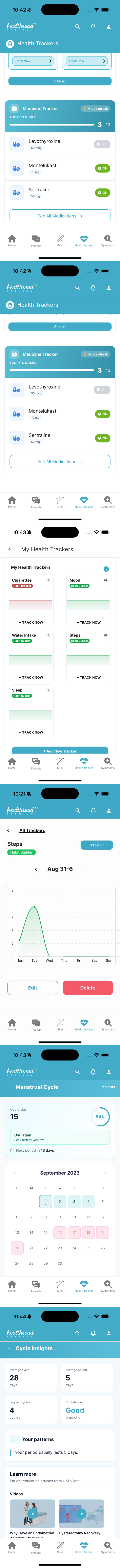 Six screens of Healthread health trackers: the WHO Mental Health and ADHD questionnaires, your own trackers, the grid of trend charts, one tracker's week as a chart, the menstrual cycle calendar with the fertile window, then the cycle insights with average cycle length and prediction confidence